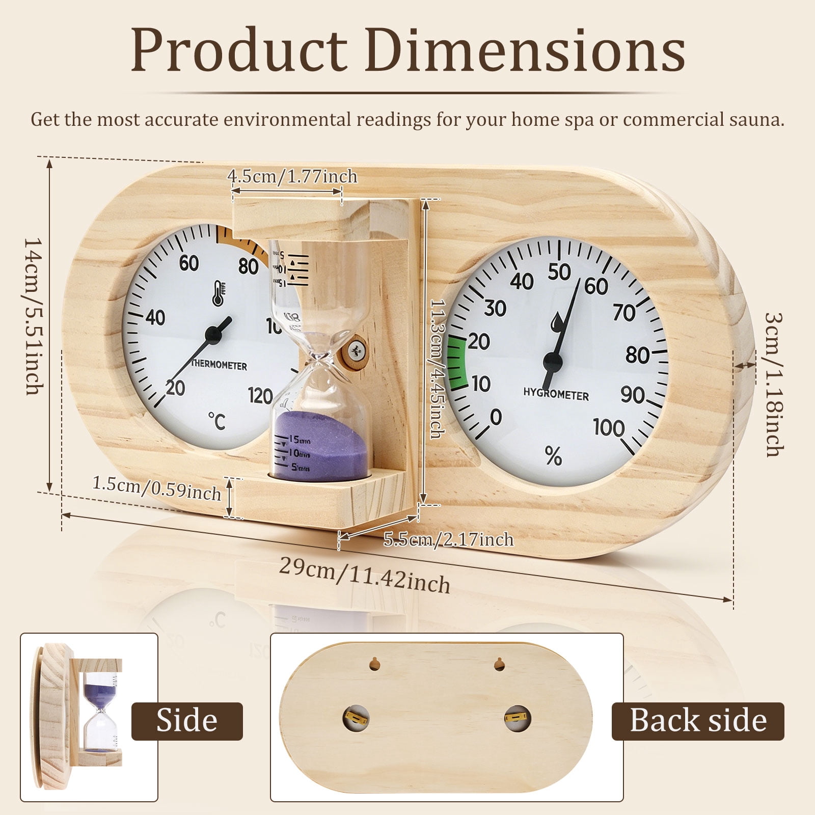 Xdziklosj Wooden Sauna Thermometer Hygrometer with 15 Minute Hourglass Timer Wall Mount Sauna Temperature Gauge for Home and Commercial Use