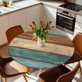 thumbnail image 3 of Teal Turquoise Wooden Fitted Tablecloth with Elastic Edged, Round Table Cloth for Dining Table, Rustic Retro Farmhouse Western Country Waterproof Oil Proof Table Cover for Indoor Outdoor 36"-44", 3 of 8