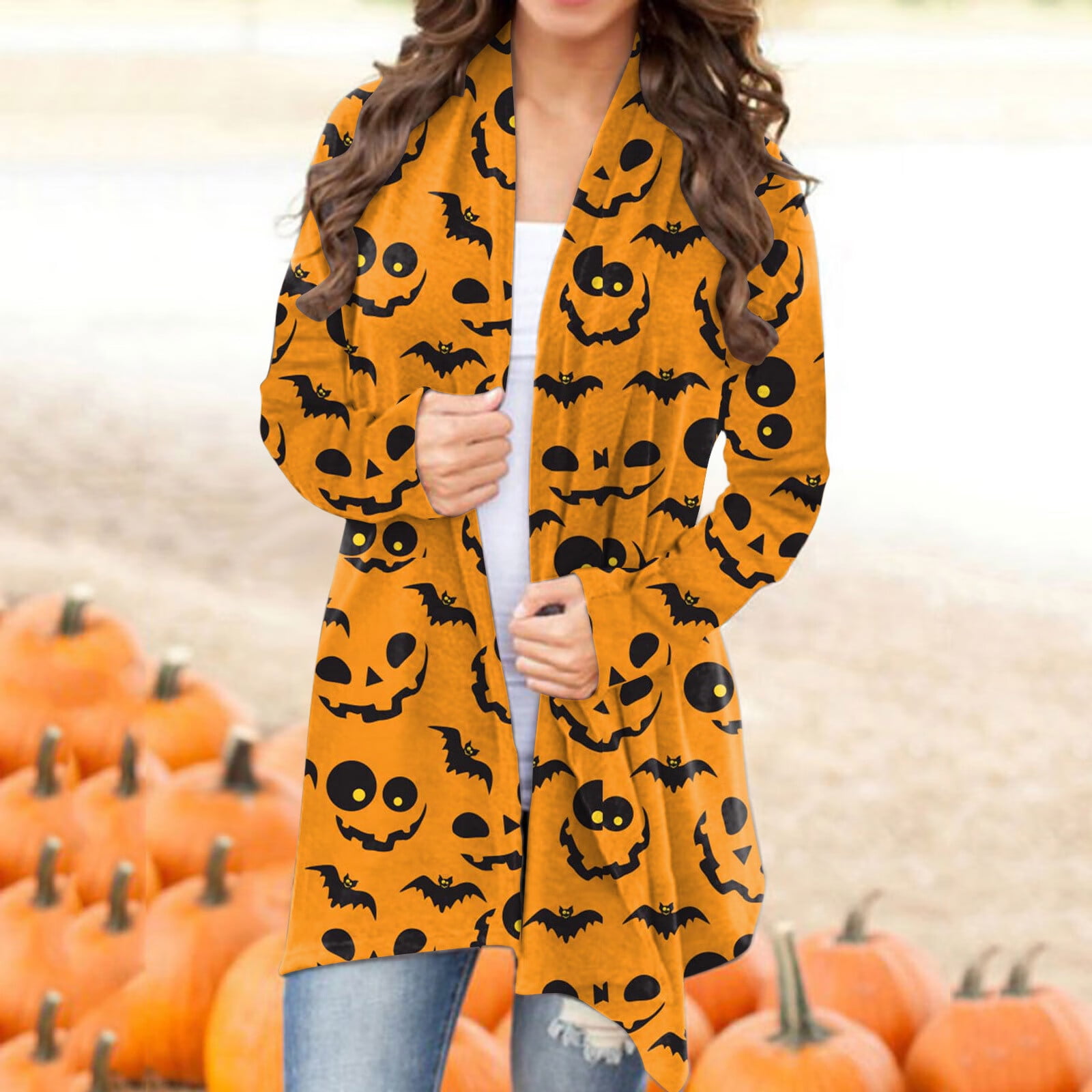 MIARHB Womens Halloween Cardigan Pumpkin Cat Print Long Sleeve Open