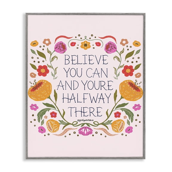 Stupell Industries Eclectic Inspiring Believe with Florals Gray Framed Giclee Art, 16 x 20, by Glad You're Here Co.