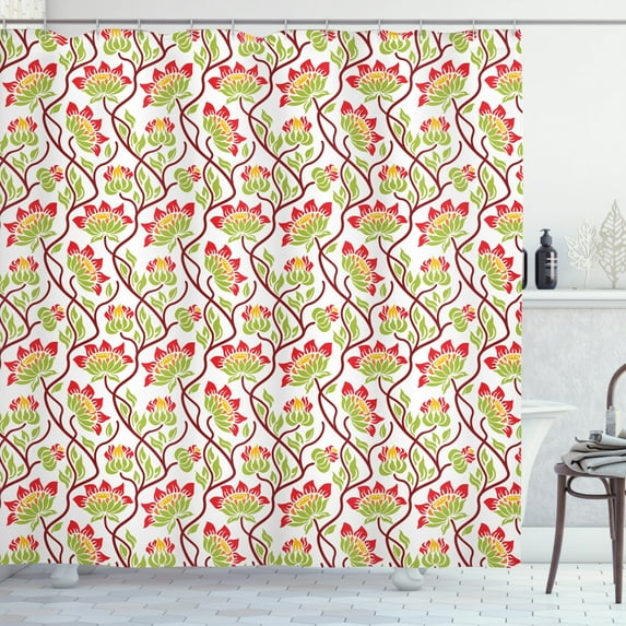 Floral Shower Curtain, Abstract Pattern with Blooming Gardening Plants Beauty of Nature Summer Field Theme, Fabric Bathroom Set with Hooks, 69W X 84L Inches Extra Long, Multicolor, by Ambesonne