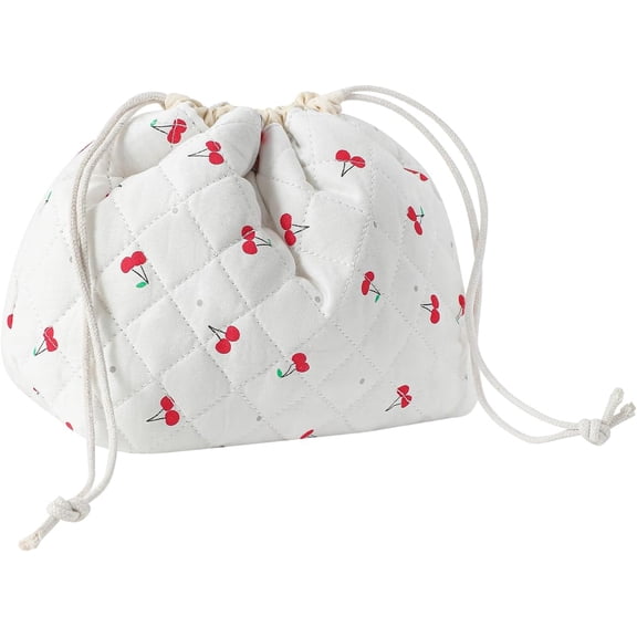 Quilted Cotton Drawstring Makeup Bag with Canvas Lining,Soft Cosmetic Bag Coquette Aesthetic Cute Travel Toiletry Bag,Drawstring Gift Bag for Women and Girls