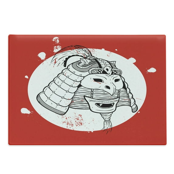 Kabuki Cutting Board, Design with Grunge Stained Look Ronin Fighter Face, Decorative Tempered Glass Cutting and Serving Board, Large Size, Red White and Black, by Ambesonne