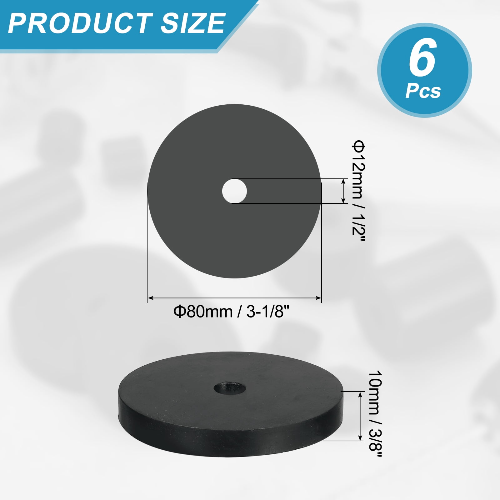 6 Pcs Multi Purpose Rubber Spacer, 12mm ODx80mm IDx10 mm Thickness Anti-Vibration Isolation for Home Cars(Black)