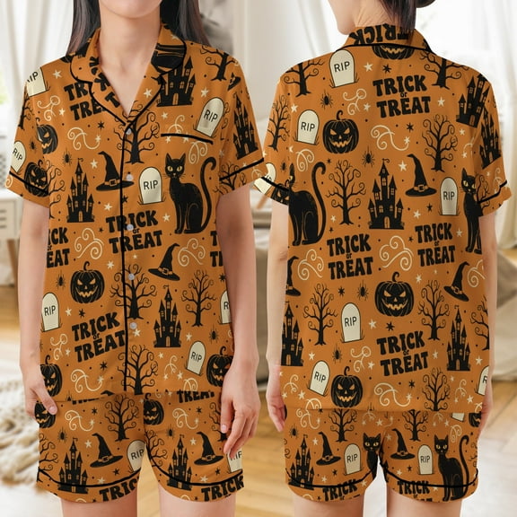 Lotusprinthandmade Halloween Cat and Pumpkin Graphic All-over Print Satin Short-Sleeve Pajamas Set (S), cat and pumpkin sleepwear set