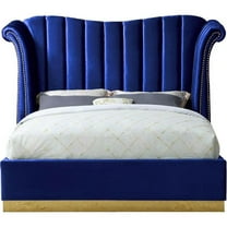 Maklaine Contemporary Solid Wood and Velvet Queen Bed in Navy