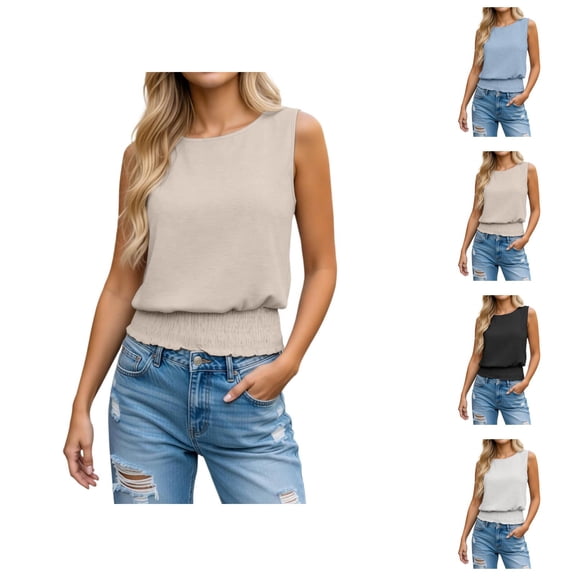 Tank Tops for Women Boho Linen Crewneck Smocked Hem Sleeveless Shirt Summer Outfits