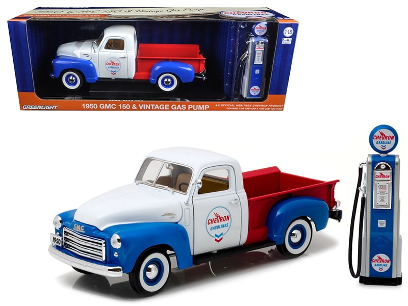 1950 Gmc 150 Pickup Truck Chevron With Vintage Gas Pump 1 18 Cast 1950 Gmc 150 Pickup Truck Chevron With Vintage Gas Pump 1 18 Cast Model Car By Greenlight