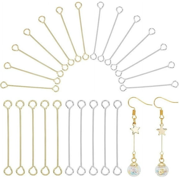 1 Box 100pcs 25mm Brass Eye Pins Double Sided Eye Pins 26 Gauge Brass Wire Open Eye Pins Findings Gold Silver Ear Connecting Rod for DIY Crafts Earrings Necklaces Bracelets Jewelry Making