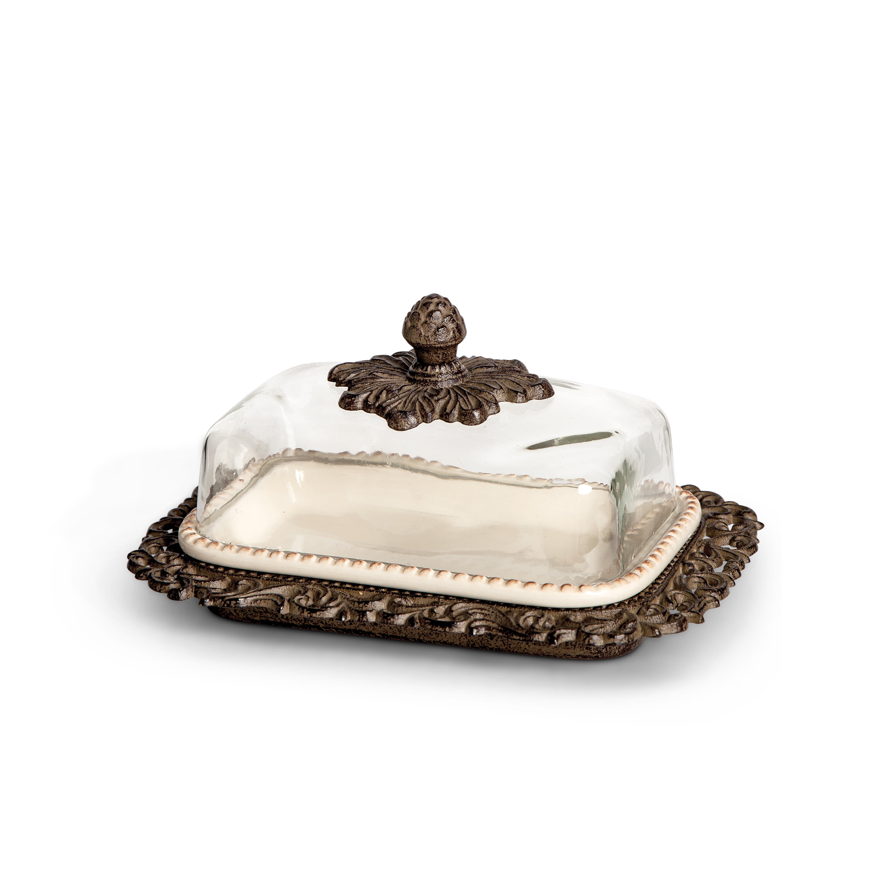 Gerson Cream Ceramic Butter Dish with Metal Work in Acanthus Leaf