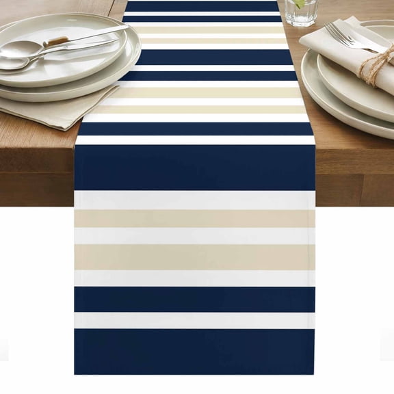 Navy Blue Khaki Striped Table Runner - 120 Inch Long, Kitchen Dining Table Runner Dresser Scarves, Modern Minimalist Ombre Lines Farmhouse Decor for Coffee Tables Wedding Party Banquet