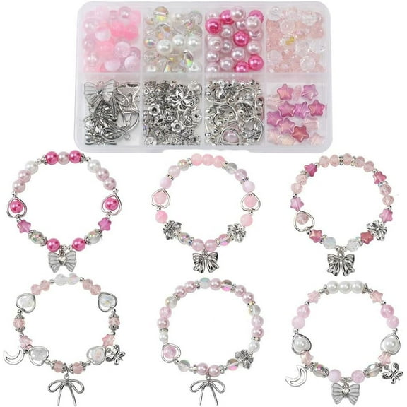 1 Box 273Pcs DIY 6 Sets Bracelet Making Kits Pink Bead Bowknot Charm Romantic Love Kawaii Butterfly Moon Charms Star Glass Loose Spacer Beads for Jewelry Making Kits Adult Women Gifts