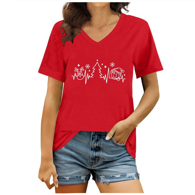 iTNHFP Hauts pour Femmes Mode Décontractée Imprimé de Noël Col en V Manches Courtes T-Shirt Haut 4