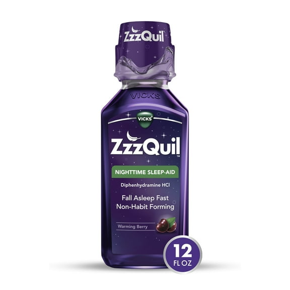 Vicks ZzzQuil Nighttime Sleep Aid Liquid, Diphenhydramine HCI 50mg, Warming Berry, 12 Fl oz