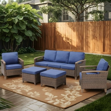 Buenhomino 5 Pieces Patio Furniture Set, Outdoor Wicker Sofa Couch with 2 Rattan Chair, 2 Ottomans and Comfy Cushions, All Weather High Back Conversation Set for Backyard Porch Garden