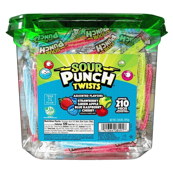 Sour Punch Twists, Sour Candy MDA05 3" Individually Wrapped Chewy Candy, 4 Assorted Fruity Flavors