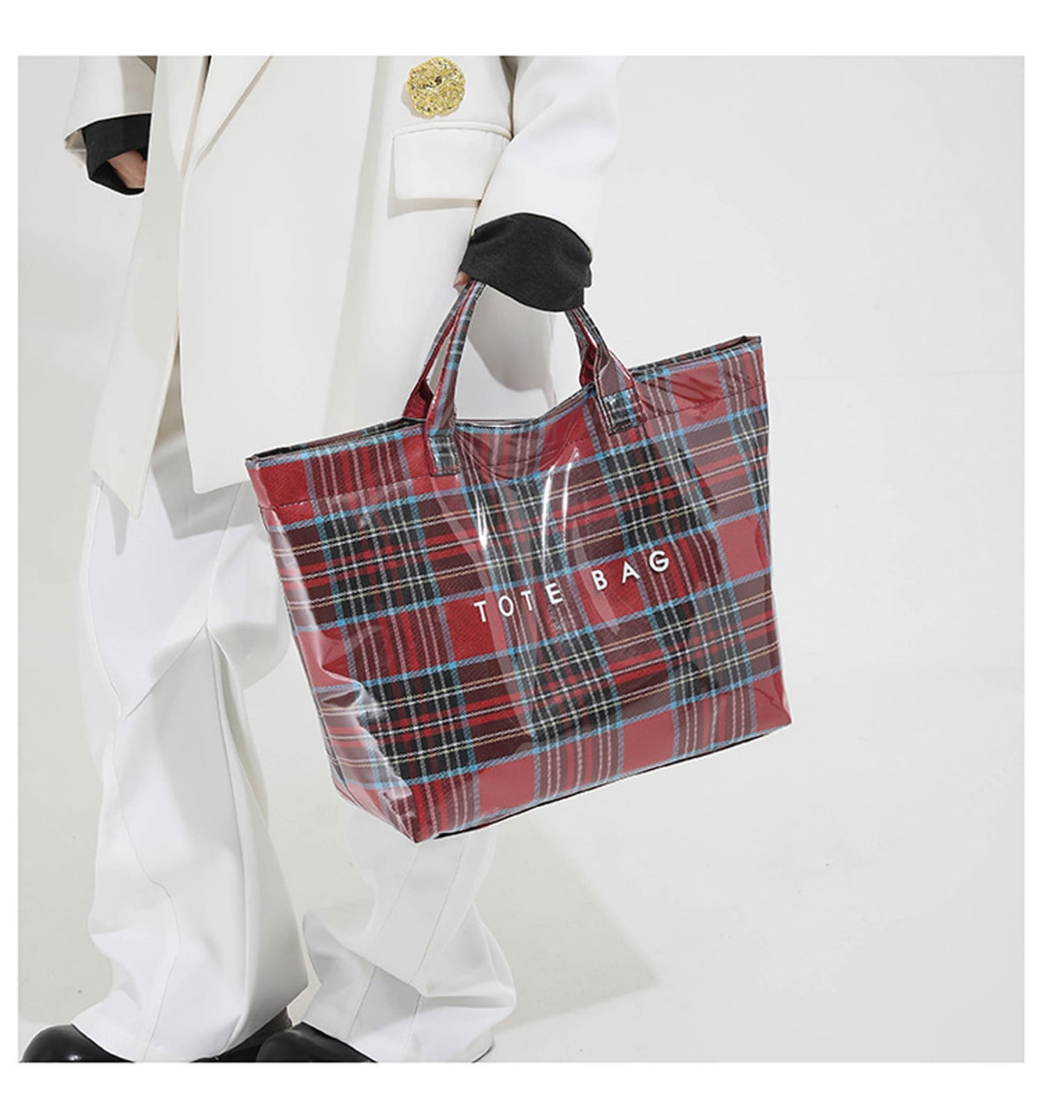 Comefolife Christmas Red Plaid PVC Tote Bag for Women Vintage Christmas Buffalo Check Tote Bag Plastic Handbag