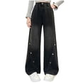 thumbnail image 2 of LJEFF Girls Denim Straight with Pockets, Wide Leg Baggy Elastic Waist Casual Summer Button Jeans for Kids Black Size 10, 2 of 9