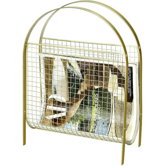 MyGift Vintage Brass Tone Metal Freestanding Magazine Organizer, Mid-Century Design