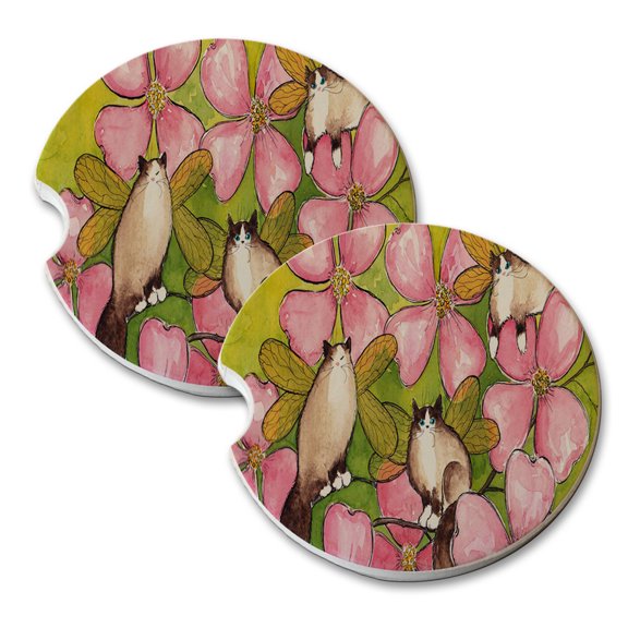 KuzmarK Sandstone Car Drink Coaster (set of 2) - Ragdoll Kitty Fairies with Pink Dogwood Art by Denise Every