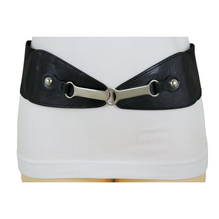 Women Black Faux Leather Elastic Belt Silver Metal Long Buckle S M