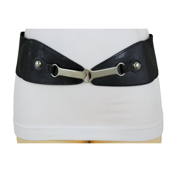 Women Black Faux Leather Elastic Belt Silver Metal Long Buckle S M