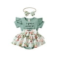 thumbnail image 1 of Kiapeise Baby Girls Romper Dress Set Letter Floral Print Ruffle Short Sleeve Jumpsuits and Bow Headband, 1 of 9