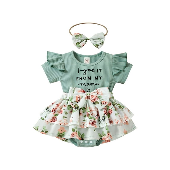 Kiapeise Baby Girls Romper Dress Set Letter Floral Print Ruffle Short Sleeve Jumpsuits and Bow Headband