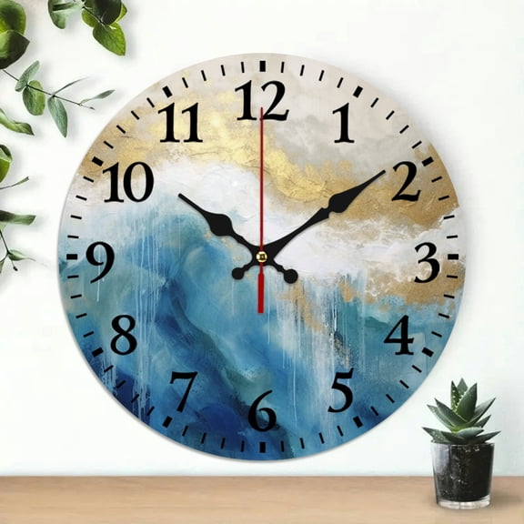 Creowell 10 Inch Round Wooden Wall Clock Wave Blue Gold Colors 10x10in