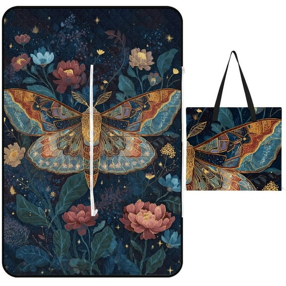 Ornate Moth Cosmic Floral Art Waterproof Picnic Blanket with Foldable Zipper, Suitable for Outdoor Use, Suitable for Travel, Camping, Beaches, Parks, Grasslands, Picnic Blanket Accessories