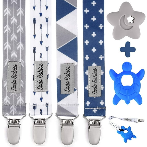 Dodo Babies Pacifier Clip & Teether Toy Set – Four Clips Plus Two Silicone Teether Toys – Universal Holder Fits Most Paci Brands – Fun Blue and Gray Prints for Girls or Boys