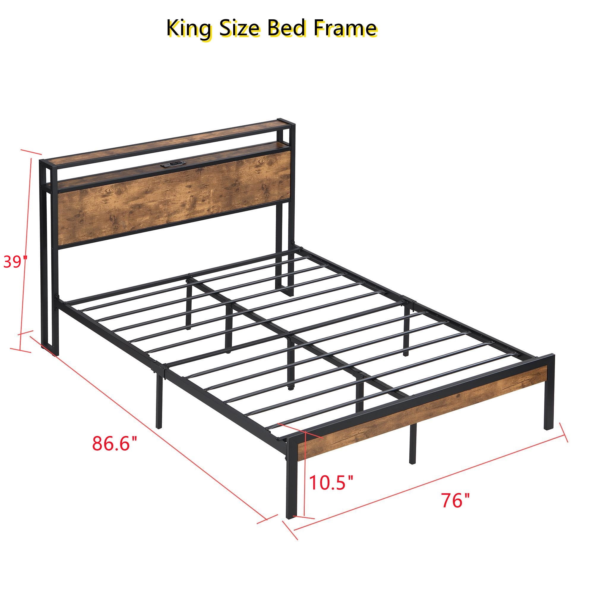 Aukfa Metal King Size Bed Frame with USB Charge Port&2-Tier Wood Storage Headboard Shelf, Black