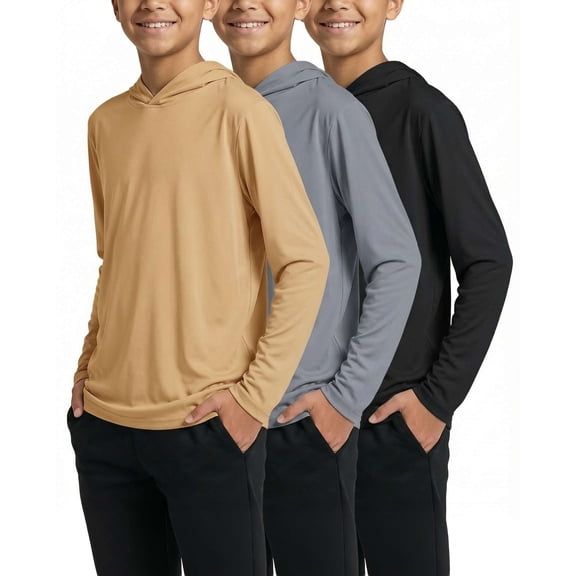 Real Essentials 3 Pack: Dry-Fit Youth Boys Teen Active Long Sleeve Hoodie Sweatshirts - Hooded Pullover Shirts