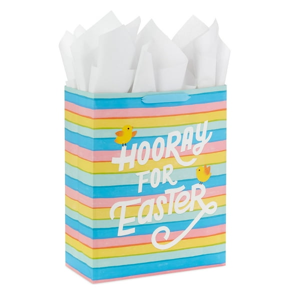 Hallmark 15"" Extra Large Easter Gift Bag with Tissue Paper (""Hooray for Easter "" Stripes Chicks) for Easter Baskets Easter Egg Hunts Presents and More