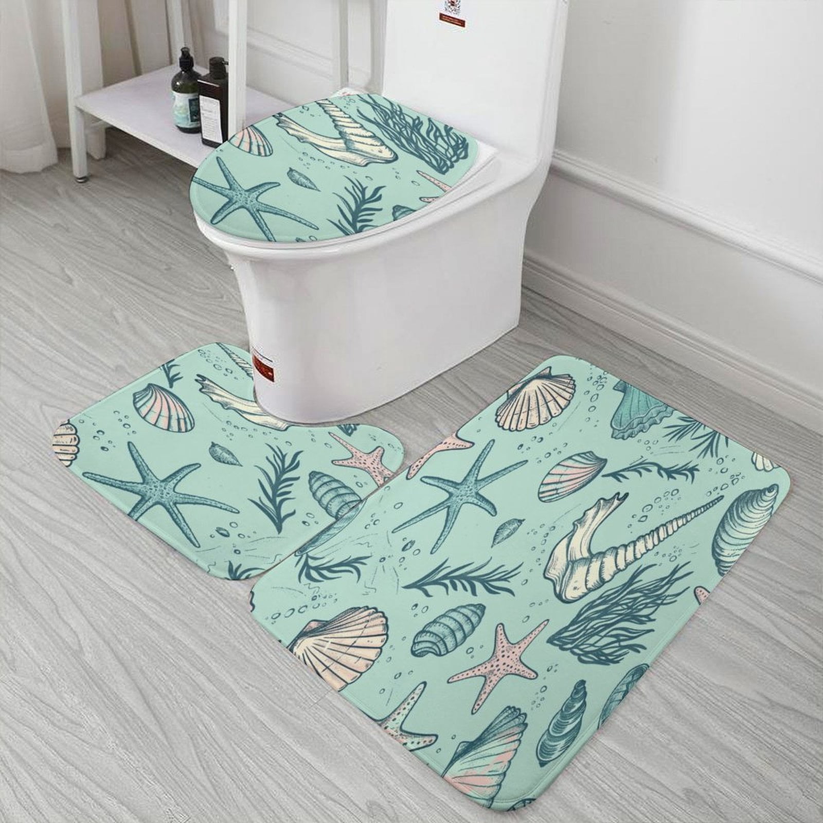 Beach Seashell Starfish Bathroom Mats Set of 3 Pieces，Non Slip Non Slip Mats, Washable Mats, Decorative Carpets for Bathrooms, Kitchens, And Bedrooms.