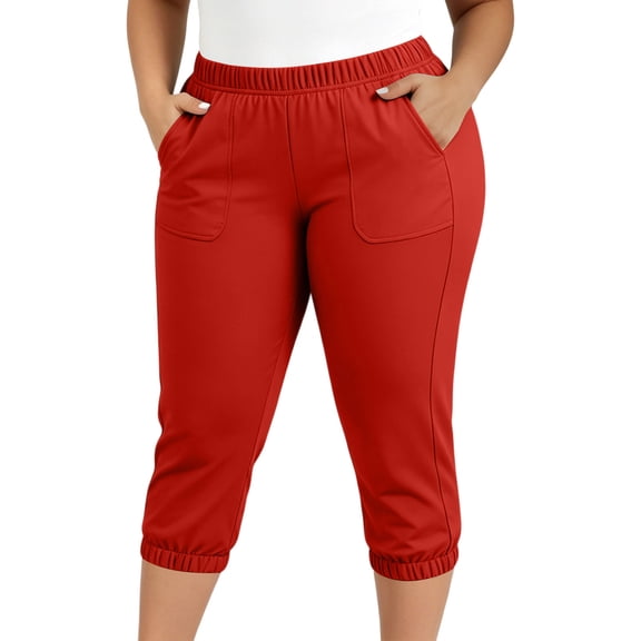 Womens Plus Size Cropped Pants, Casual Elastic Waist Solid Capris Pants with Pockets for Running Cycling Workout