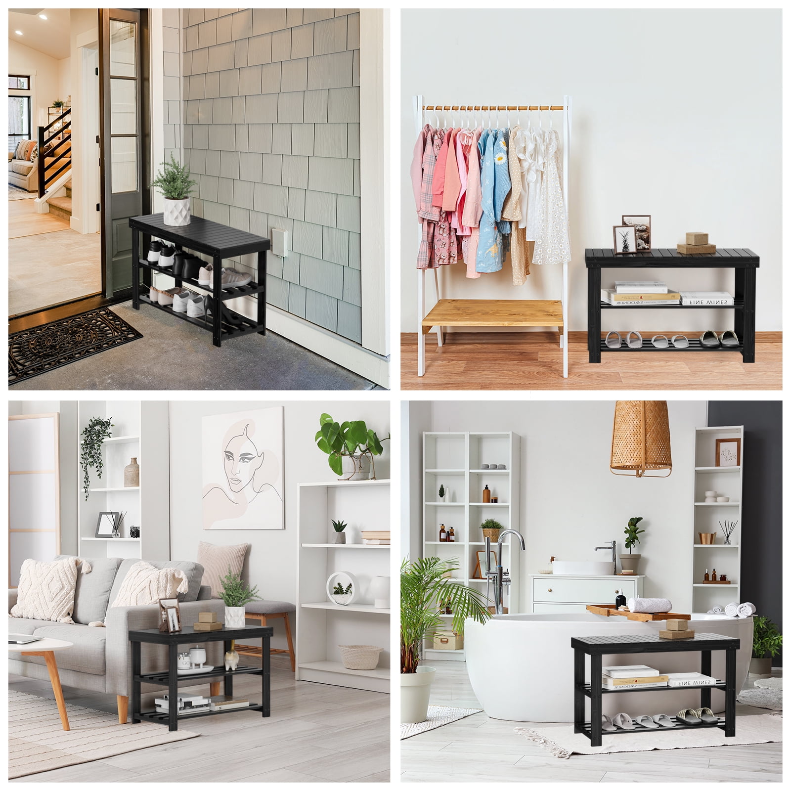 CHITOOMA 3-Tier Bamboo Shoe Storage Bench for Entryway, Wood Hallway Shoe Rack Shoe Organizer Shelf for Living Room Bedroom, 11"D x 27.5"W x 17.5"H, Black