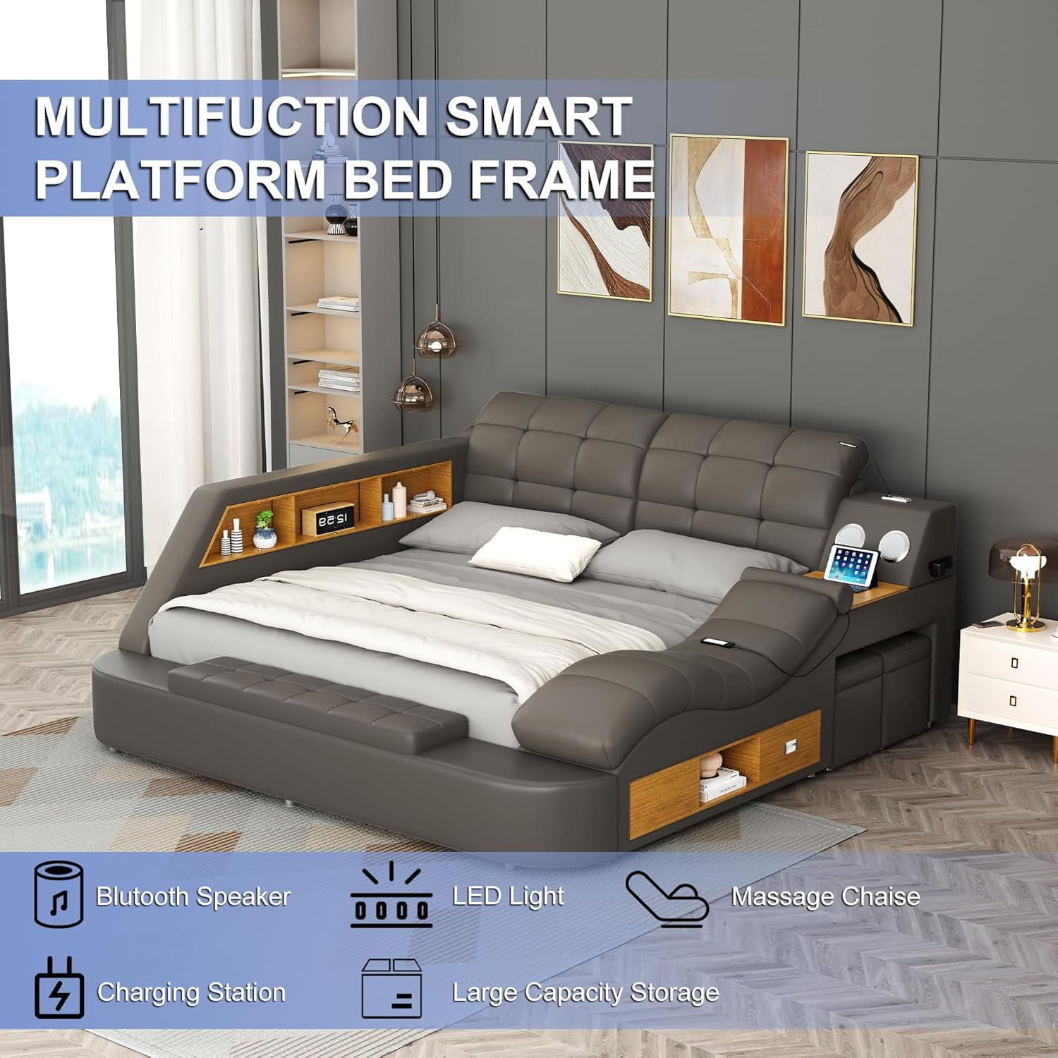 Queen Size Multifunctional Bed Frame, Upholstered Storage Platform with Right-Side Massage Recliner, Music Speaker, USB Charging Station
