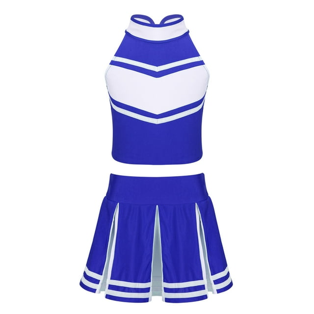 TiaoBug Kids Girls 2Piece Cheerleading Costume Sleeveless Zippered Tops with Pleated Skirt Set Blue 16
