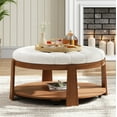 thumbnail image 6 of CQSXDA Round Ottoman Coffee Table Upholstered In Waterproof Linen With Adjustable Wheels And Two-Tier Wood Storage, Ivory White, 6 of 17