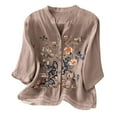 thumbnail image 2 of Womens Linen Tops 3/4 Sleeve Cotton Floral Embroidered Shirts Summer Dressy Casual Boho Blouses Loose Fit Tunic shirt Pink 2XL, 2 of 5