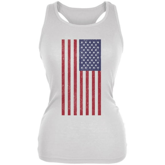 4th of July American Flag Distressed DTG White Juniors Soft Tank Top - Large