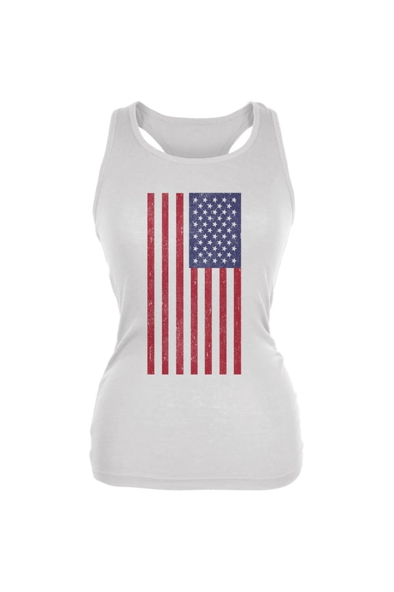 4th of July American Flag Distressed DTG White Juniors Soft Tank Top - Large