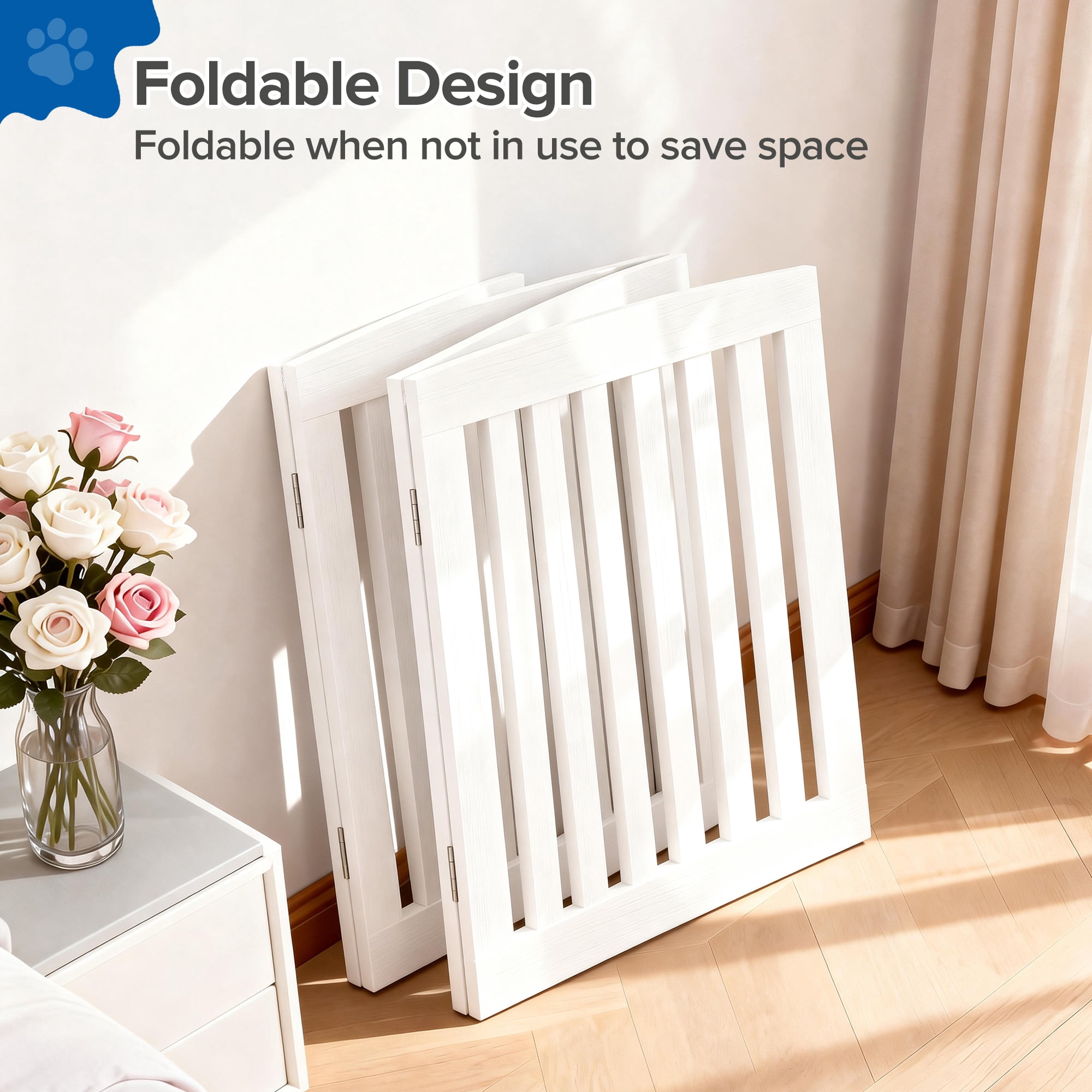 SHOUFTW Foldable Wooden Pet Gate, Freestanding and Extra Wide 4 Panel Dog Gate for Doorways, Stairs, Hallways, White