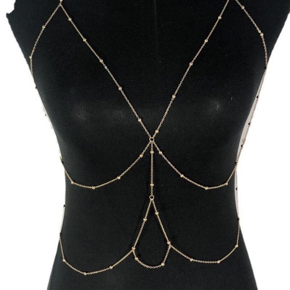 Curio Jewelry Beaded Charm Body Harness Layer Chain Necklace in 925 Sterling Silver Jewelry Bikini Breast Bohemian Jewelry Delicate Double Chain Jewelry