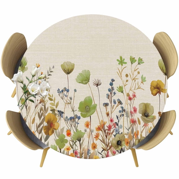 Sage Green Yellow Spring Floral Fitted Tablecloth with Elastic Edged,Round Table Cloth for Dining Table,Watercolor Botanical Summer Flowers Waterproof Table Cover for Indoor Outdoor 55"-60"
