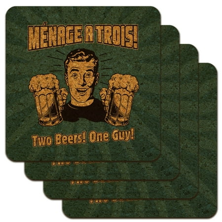 

Menage A Trois Threesome Two Beers One Guy Funny Humor Retro Low Profile Novelty Cork Coaster Set