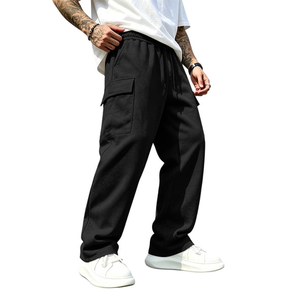 Resicozy Cargo Pants for Men Stretch Sweatpants Elastic Drawstring Casual Workout Joggers Hiking Tactical Pants with Pockets Black L