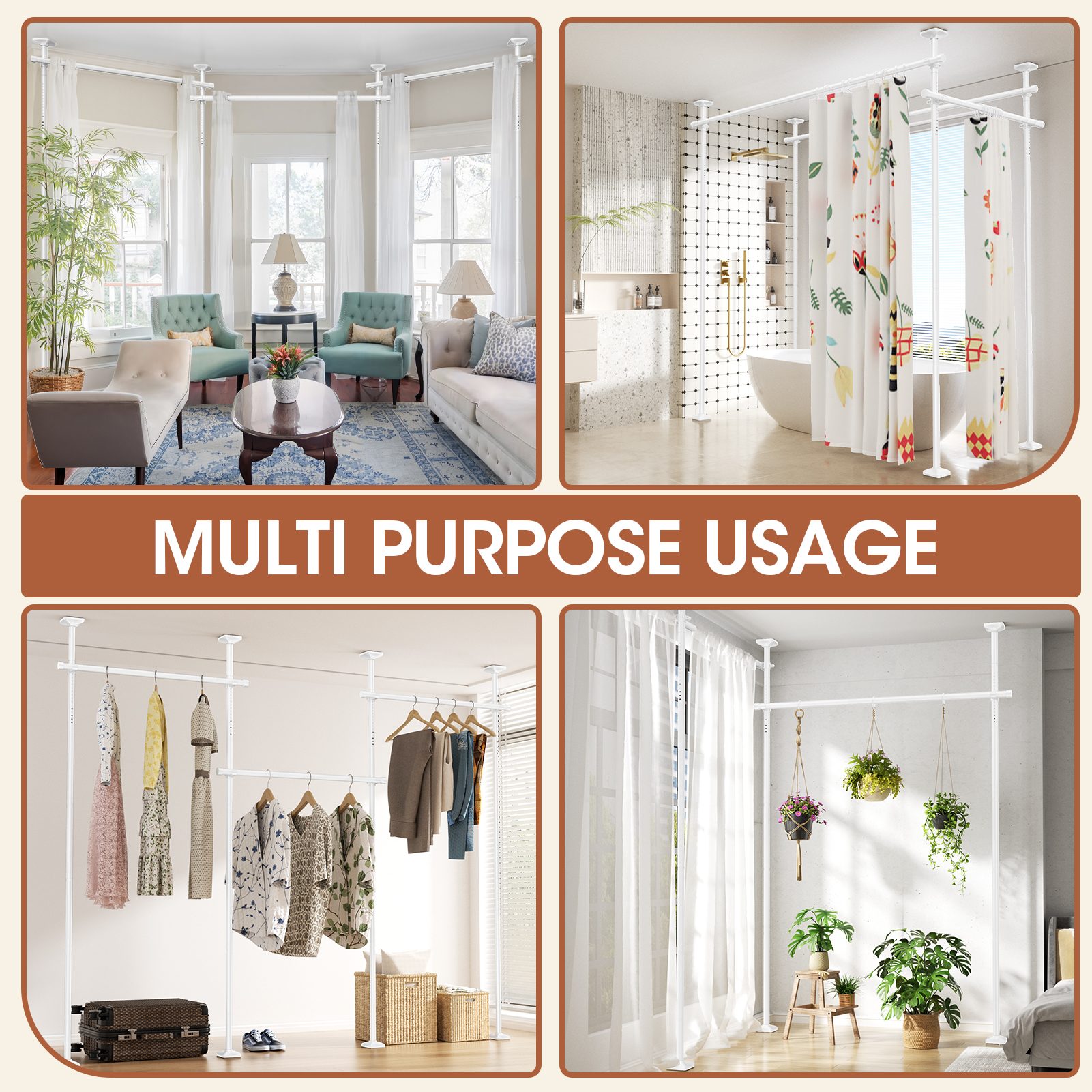 SUNALLY Room Dividers Curtain Rod No Drilling, 4-10ft(H) 28-171inch(W) Adjustable Room Separator for Space Partition, Heavy Duty Floor to Ceiling Tension Rod, White