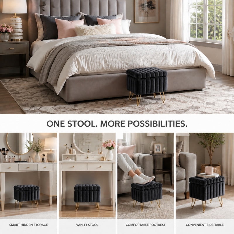BEAUTYPEAK Vanity Stool with Storage Faux Fur Padded Makeup Ottoman with Gold Metal Legs and Adjustable Feet 18.9" Footstool, Black